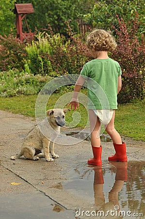 Boy, child in red rubber Wellingtons, talking with the puppy. Childhood in diapers Stock Photo