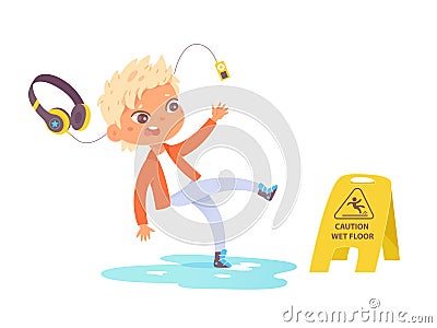 Boy child slipping on wet slippery floor, clumsy kid listening to music, fall accident Vector Illustration