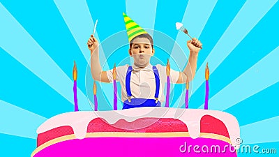 Boy, child standing with giant birthday cake with candles over blue background. Contemporary art collage. Concept of Stock Photo