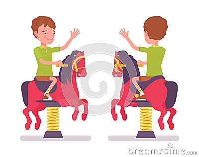 Boy child 7-9 yo school age kid at horse spring rider Vector Illustration