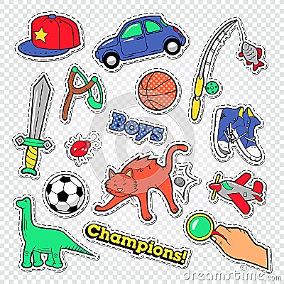 Boy Childhood Doodle with Ball, Toys and Clothes. Kids Stickers, Badges and Patches Vector Illustration