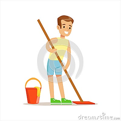 Boy Cleaning Floor With The Mop Smiling Cartoon Kid Character Helping With Housekeeping And Doing House Cleanup Vector Illustration