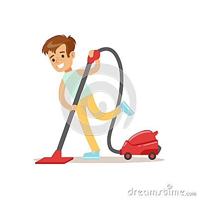 Boy Cleaning The Floor With Vacuum Cleaner Smiling Cartoon Kid Character Helping With Housekeeping And Doing House Vector Illustration