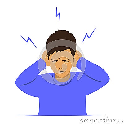 The boy with closed eyes covers his ears with his hands, dissatisfied and angry . Vector Illustration