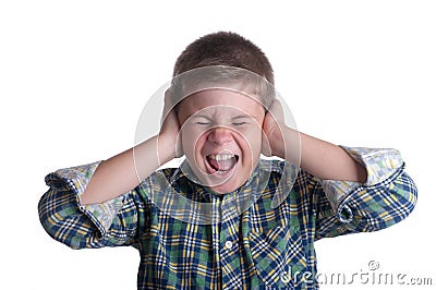 The boy closes ears hands Stock Photo