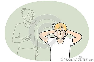 Boy closes ears not to hear voice of his mother. Vector Illustration