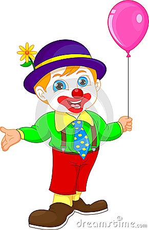 Boy in clown costume cartoon holding balloon Vector Illustration