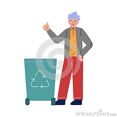 Boy Collecting Plastic Wastes into Trash Bin for Recycling, Volunteer Saving and Protecting the Environment from Vector Illustration