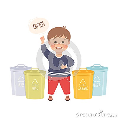 Boy Collecting Rubbish for Recycling, Kid Segregating Trash, Save the World, Ecology Concept Cartoon Vector Illustration Vector Illustration