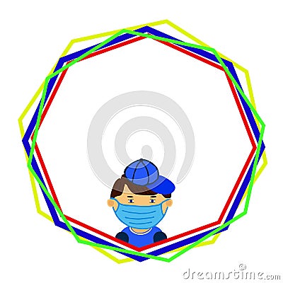 Boy in colorful frame for text, medical mask Vector Illustration