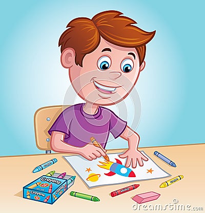 Boy Coloring with Crayons Stock Photo