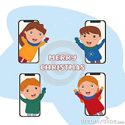 boy congratulates his friends on Christmas. Video call. Talk on the phone. Vector illustration . Christmas holidays Vector Illustration