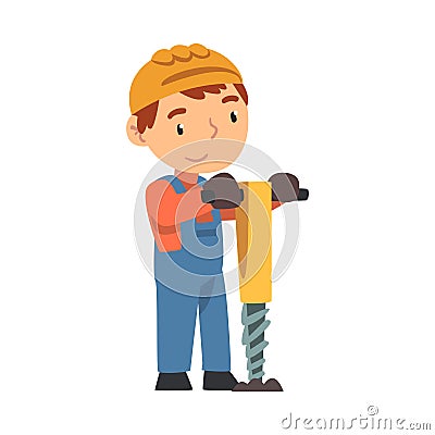 Boy Construction Worker with Pneumatic Plunger, Cute Little Builder Character Wearing Blue Overalls and Hard Hat with Vector Illustration