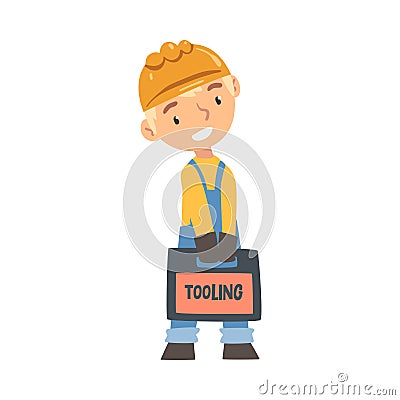Boy Construction Worker with Toll Box, Cute Little Builder Character Wearing Blue Overalls and Hard Hat with Vector Illustration