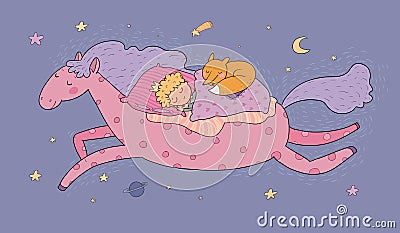 The boy in the crown sleeps on a magic pony. The little king. Good night. Sweet Dreams Vector Illustration