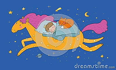 The boy in the crown sleeps on a magic pony. The little king. Good night. Sweet Dreams Vector Illustration