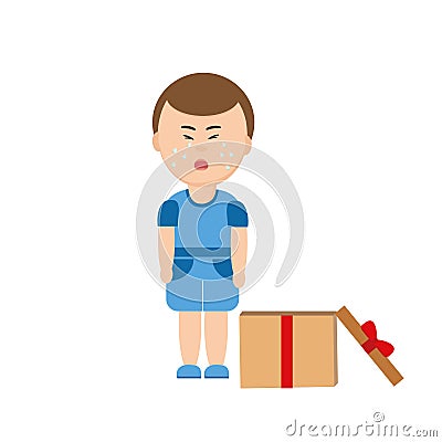 Boy crying and opened box with ribbon. the child does not like the gift. vector flat. banner. ruined the holiday Stock Photo