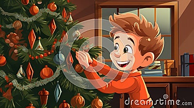 A boy decorates a christmas tree, AI Stock Photo