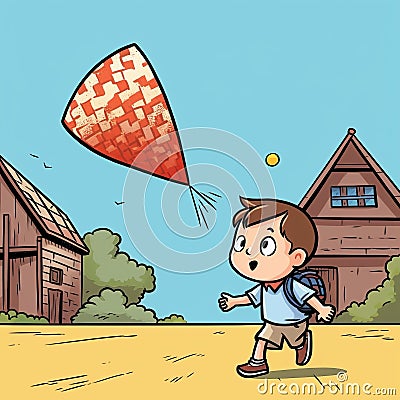 Pizza Kite Flying Boy Cartoon Illustration Stock Photo