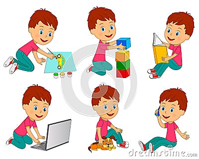 Boy different activity Vector Illustration