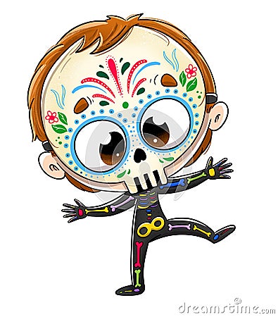 A boy disguised as a skeleton with a Mexican halloween mask Stock Photo