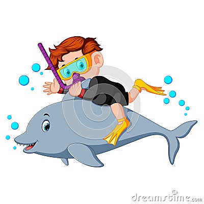 Boy diving with dolphin Vector Illustration