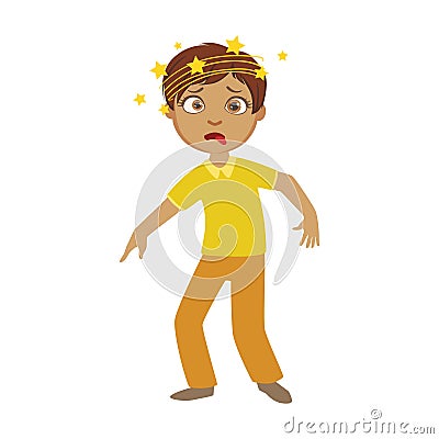Boy And Dizziness,Sick Kid Feeling Unwell Because Of The Sickness, Part Of Children And Health Problems Series Of Vector Illustration