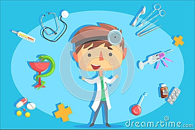 Boy Doctor, Kids Future Dream Professional Occupation Illustration With Related To Profession Objects Vector Illustration