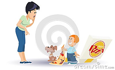 Boy and dog eat pizza. Illustration for internet and mobile website Vector Illustration