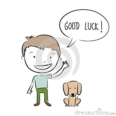 boy and dog waiting and say good luck for goodbye hand drawn vector Vector Illustration