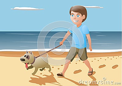 Boy and dog walking on Vector Illustration