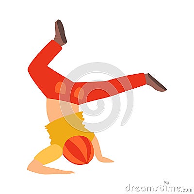 Boy Doing Headstand Dancing Breakdance Performing On Stage, School Showcase Participant With Musical Artistic Talent Vector Illustration