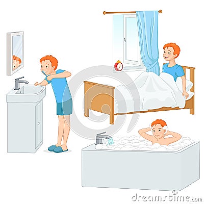 Boy doing his morning routine vector illustration Vector Illustration