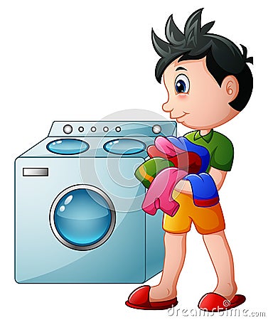 Boy doing laundry with washing machine Vector Illustration