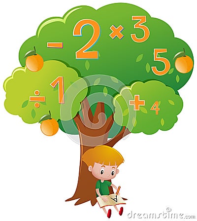 Boy doing math problem under the tree Vector Illustration