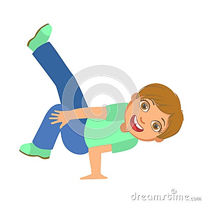 Boy Doing Stand On One Hand Dancing Breakdance Performing On Stage, School Showcase Participant With Musical Artistic Vector Illustration