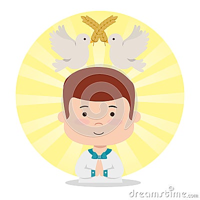 boy with doves and wheats to first communion Cartoon Illustration