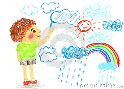 Boy drawing cloud sun and rainbow ` oil pastel illustration Cartoon Illustration