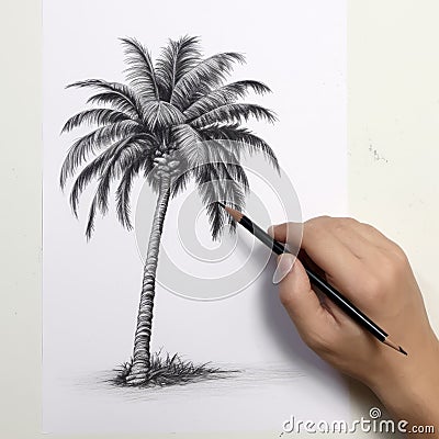 Boy Drawing A Palm Tree: Simple And Incomplete Sketch Cartoon Illustration