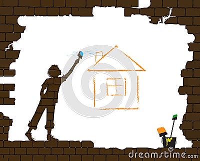 Boy draws the house by paint brash on the old broken brick wall, protect homeless children concept, home dream idea Vector Illustration