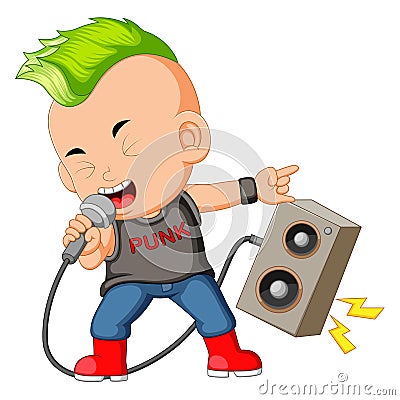 A Boy Dressed as a Rockstar Singing in front of a Loudspeaker Vector Illustration
