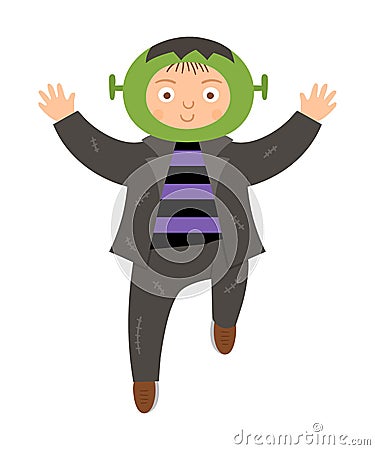 Boy dressed like Frankenstein. Cute vector Halloween kid character. Child in scary monster costume. Funny autumn all saints eve Vector Illustration