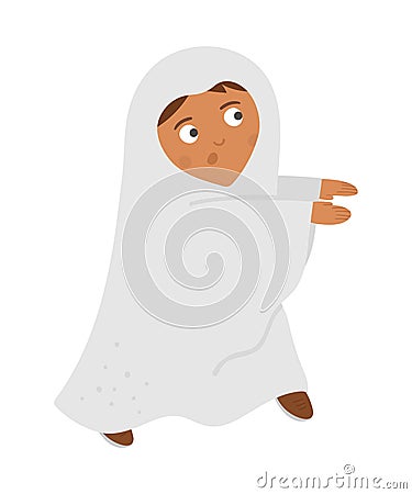 Boy dressed like a ghost. Cute vector Halloween kid character. Child in scary monster costume. Funny autumn all saints eve Vector Illustration