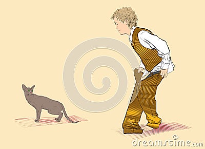 Boy is dressing trousers. A boy and a cat. Illustration of Boy Dressing Vector Illustration