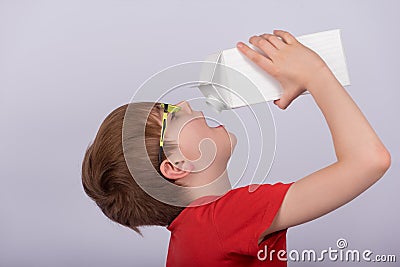 Boy drinking milk or juice from pack, white background. Copy space. Template. Mockup Stock Photo