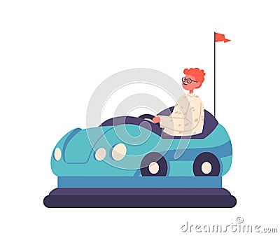 Boy Driving Bumper Car, Isolated Kid Riding Blue Electric Automobile, Attraction in Amusement Park. Child at Carnival Vector Illustration