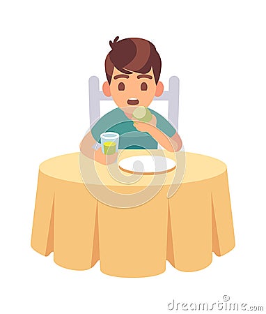 Boy eating. Cute hungry cartoon kid eats tasty dinner or breakfast vector food illustration Vector Illustration