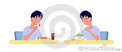 Boy eating. Home breakfast, healthy vs unhealthy food. Toddler at table, vitamine or fast food lunch. Hungry child utter Stock Photo