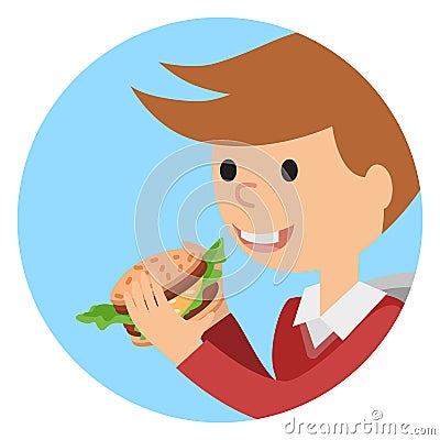 Boy eating sandwich. Vector illustration on theme fast food. Vector Illustration