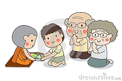 Boy and elderly couple offering food to monk with white background Vector Illustration